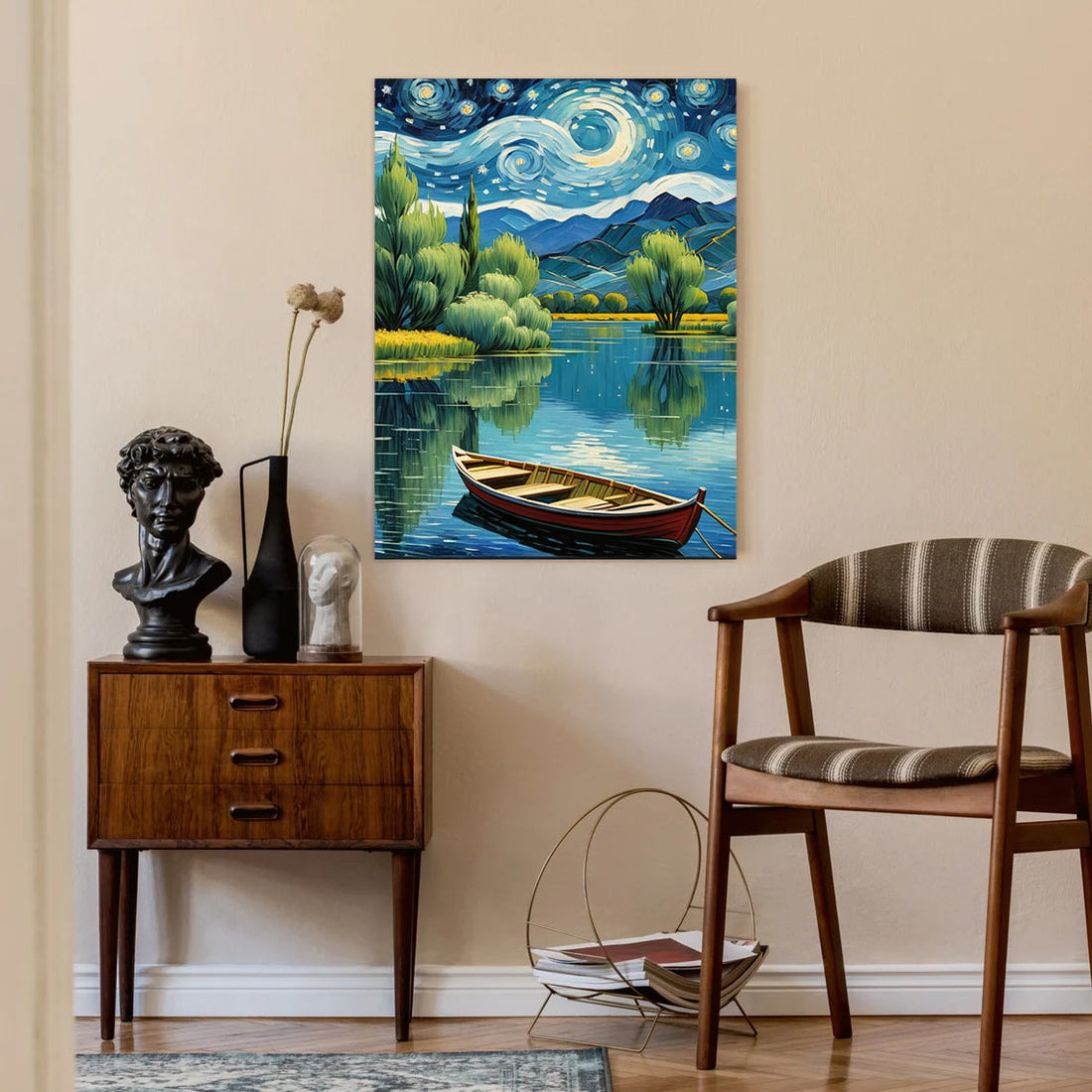 Tranquil Waters Under Starry Skies – Van Gogh-Inspired Boat Scene