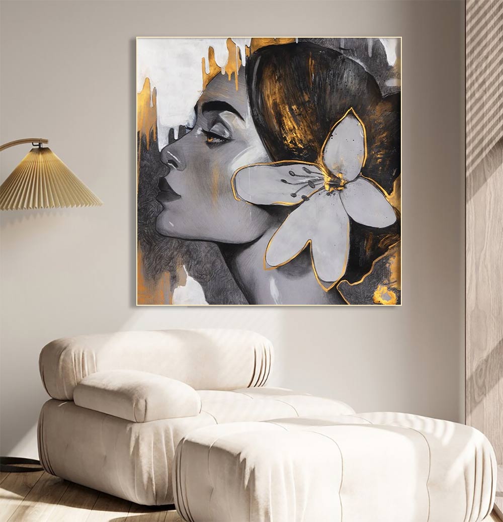 Golden Muse – Portrait of Woman with Floral Accent  Oil Painting Canvas