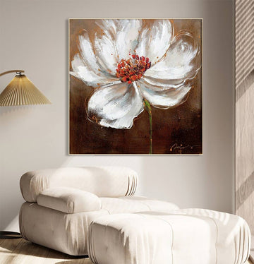 Elegant Bloom: White Flower on Warm Brown Canvas Oil Painting