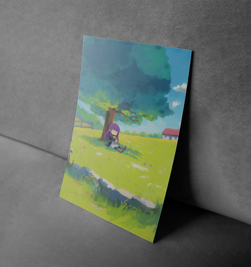 Tranquil Anime Meadow - Peaceful Girl Under Tree Poster Print