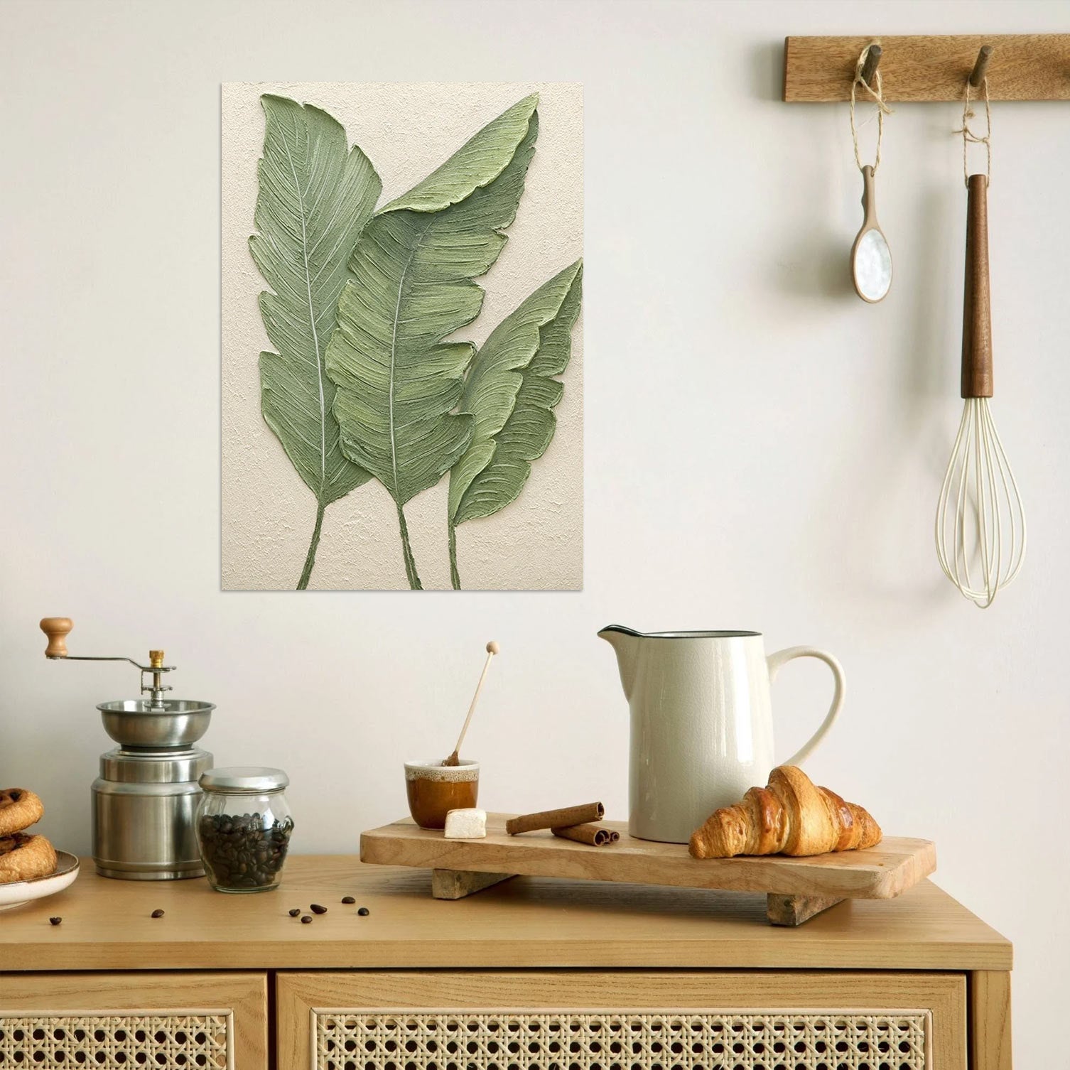 Elegant Green Botanical Leaf Poster – Nature-Inspired Kitchen Canvas