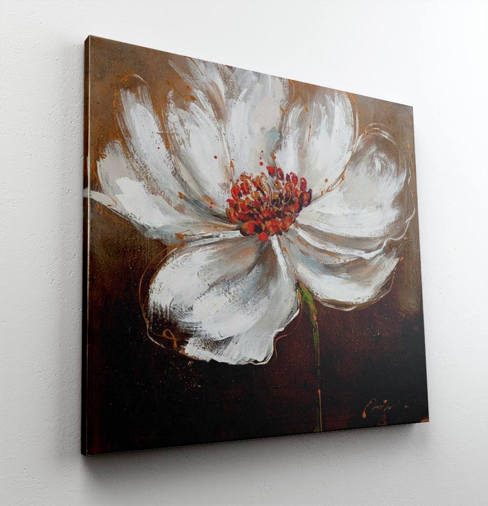 Elegant Bloom: White Flower on Warm Brown Canvas Oil Painting