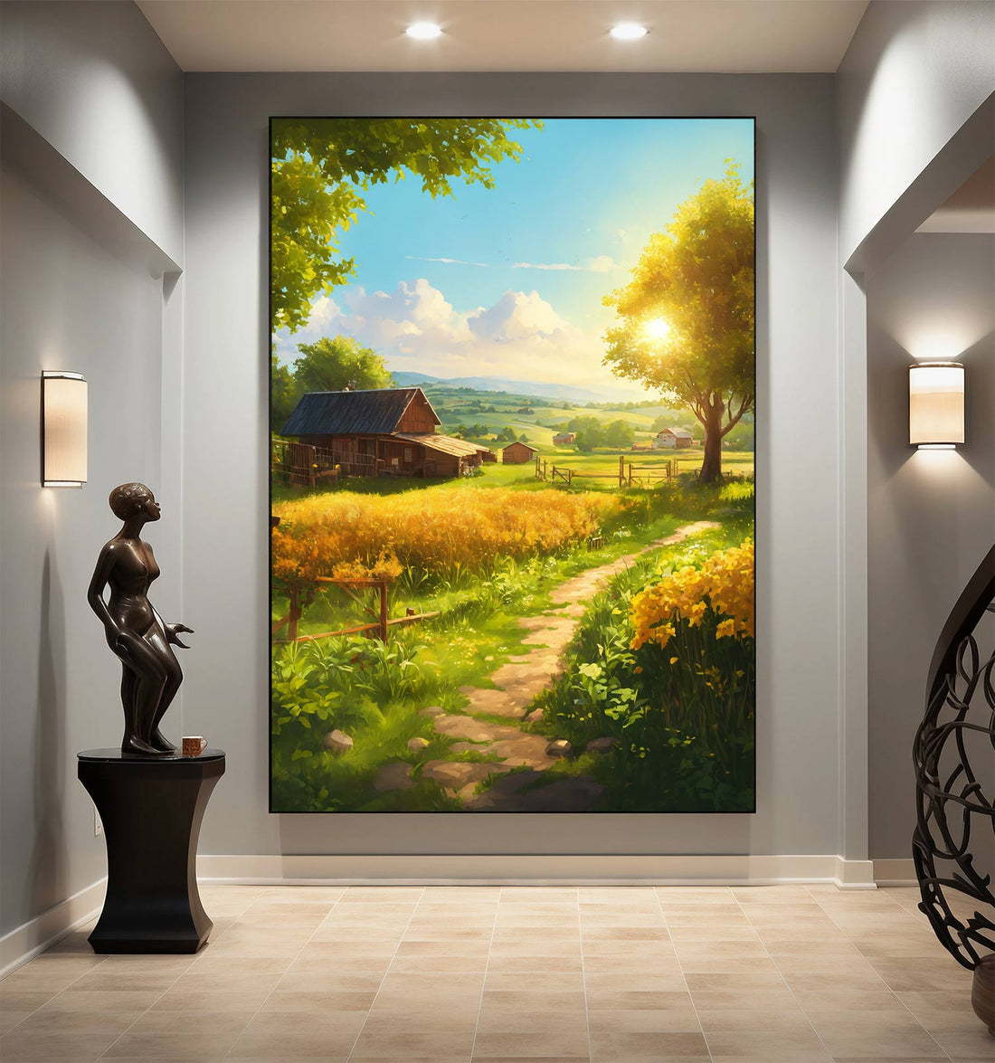 Sunlit Country Path: A Scenic Journey Through Tranquil Fields