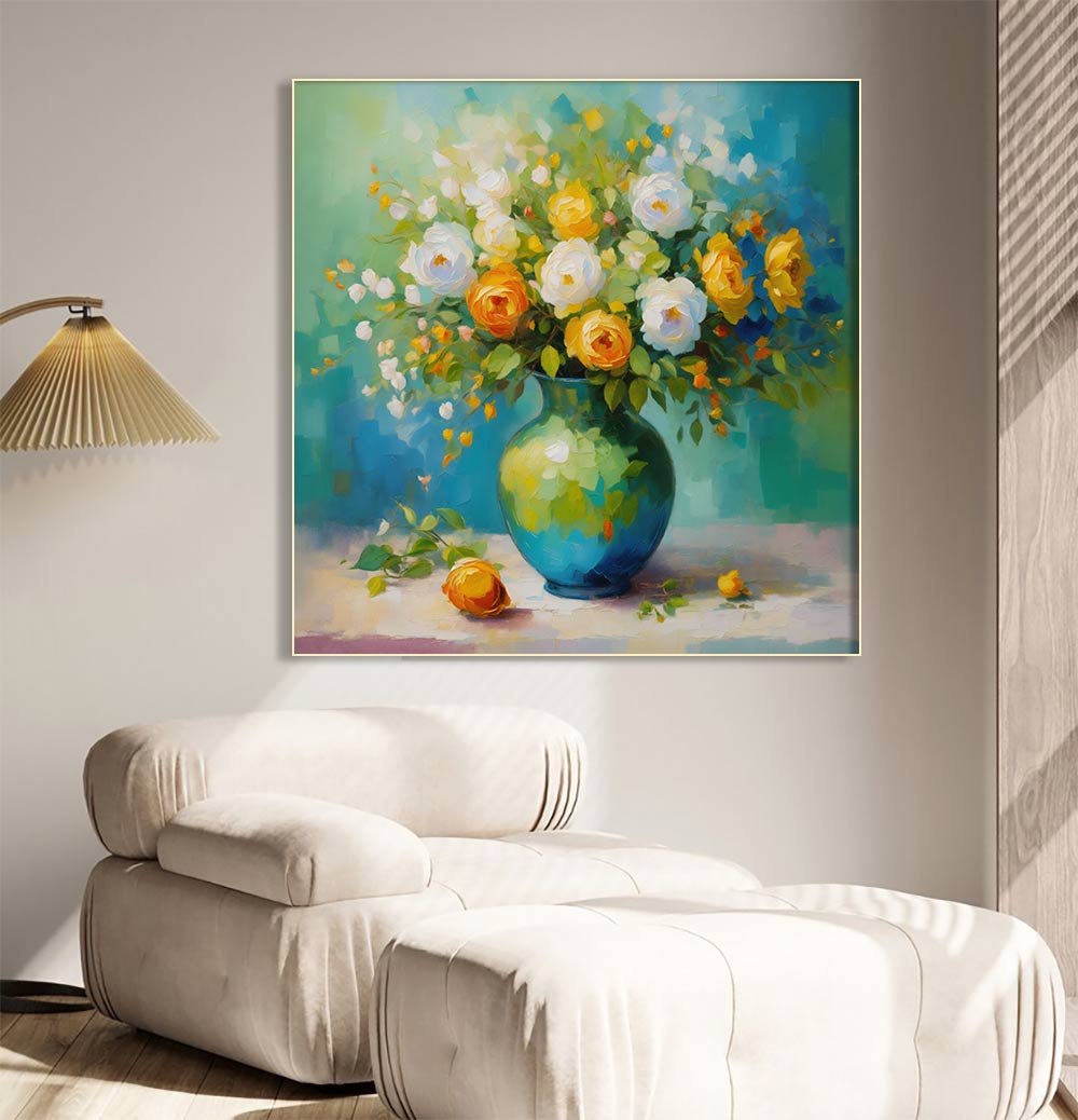 Vibrant Bouquet: Yellow and White Blooms in Blue Vase Oil Painting