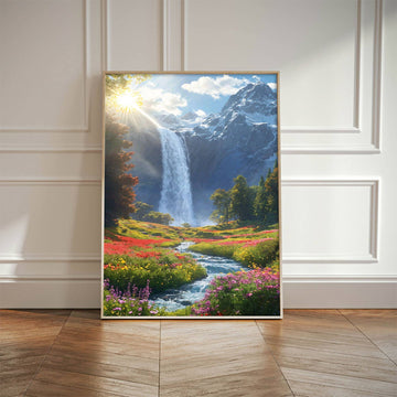 Majestic Waterfall Meadow Canvas Print – Nature’s Tranquil Wonder