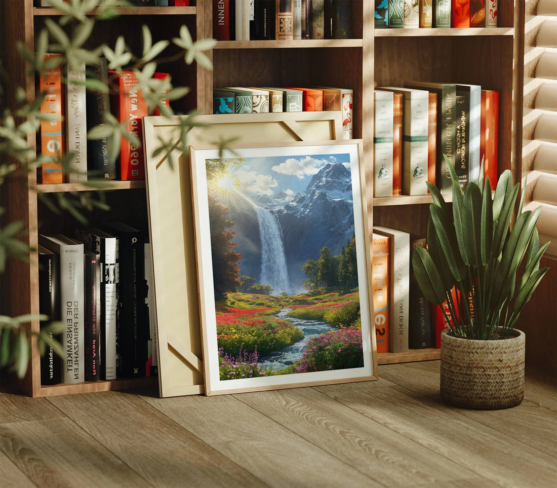 Majestic Waterfall Meadow Canvas Print – Nature’s Tranquil Wonder