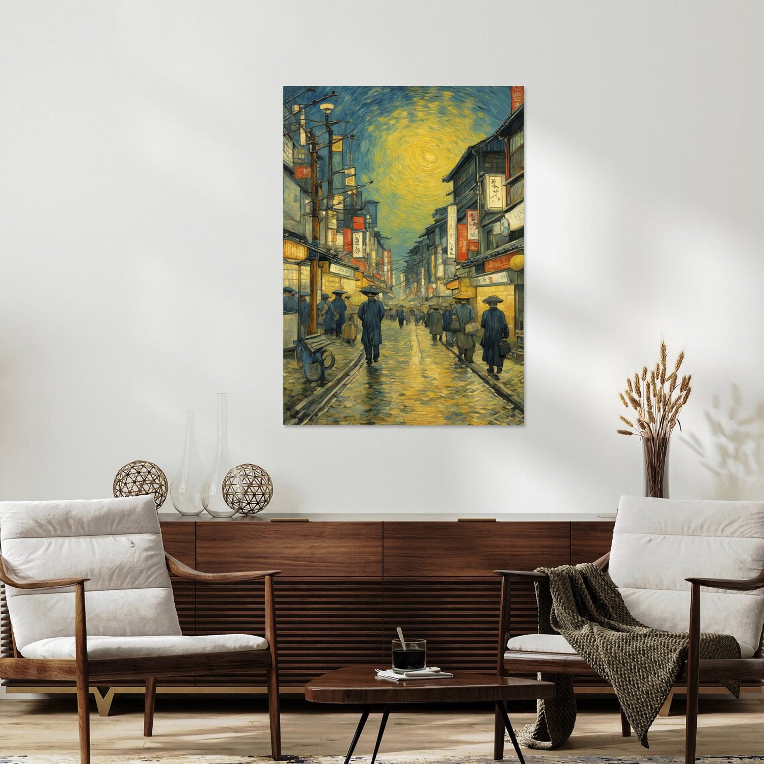 City Lights under a Starry Night – Atmospheric Canvas for Living Room Decor