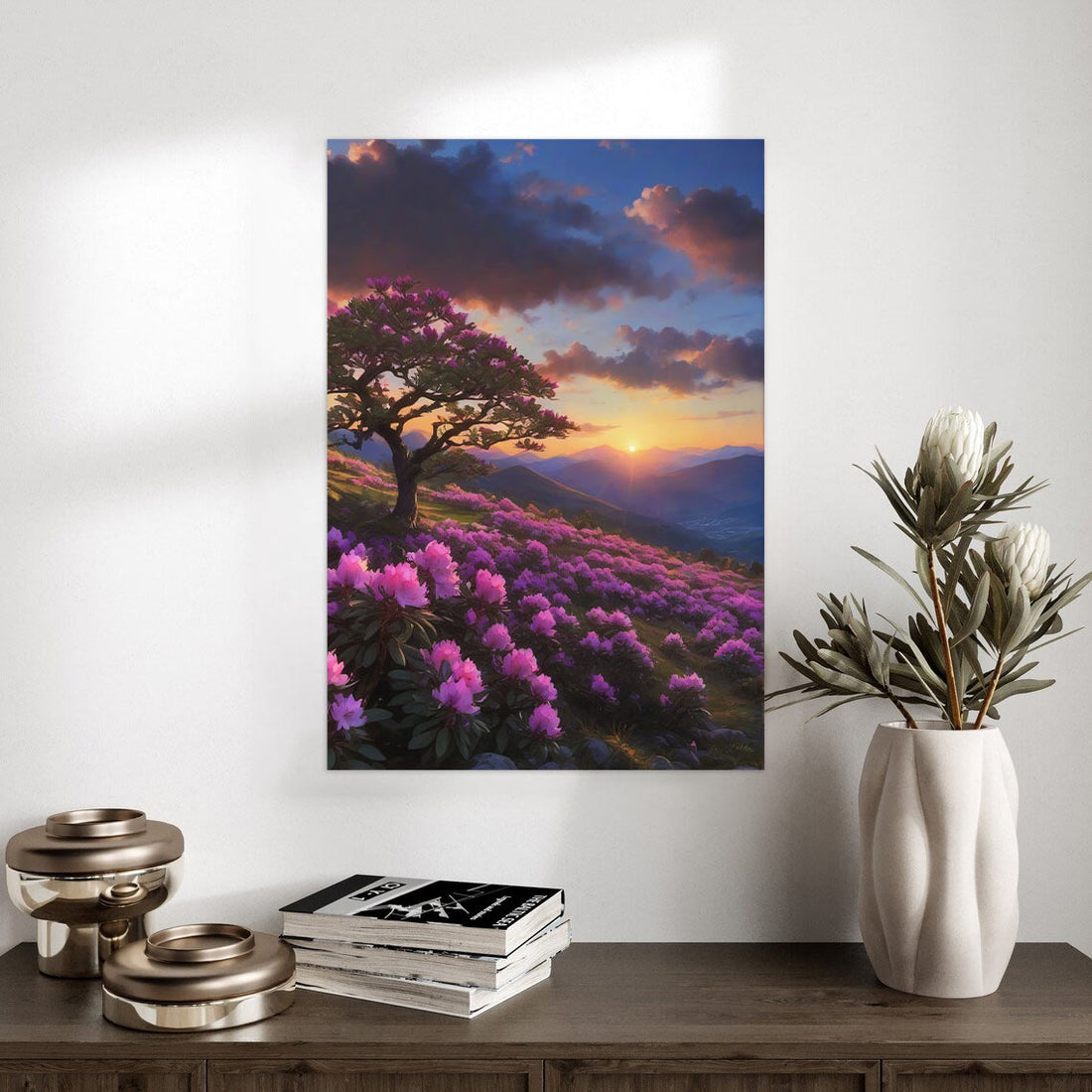 Blooming Dawn – Tranquil Floral Landscape Poster