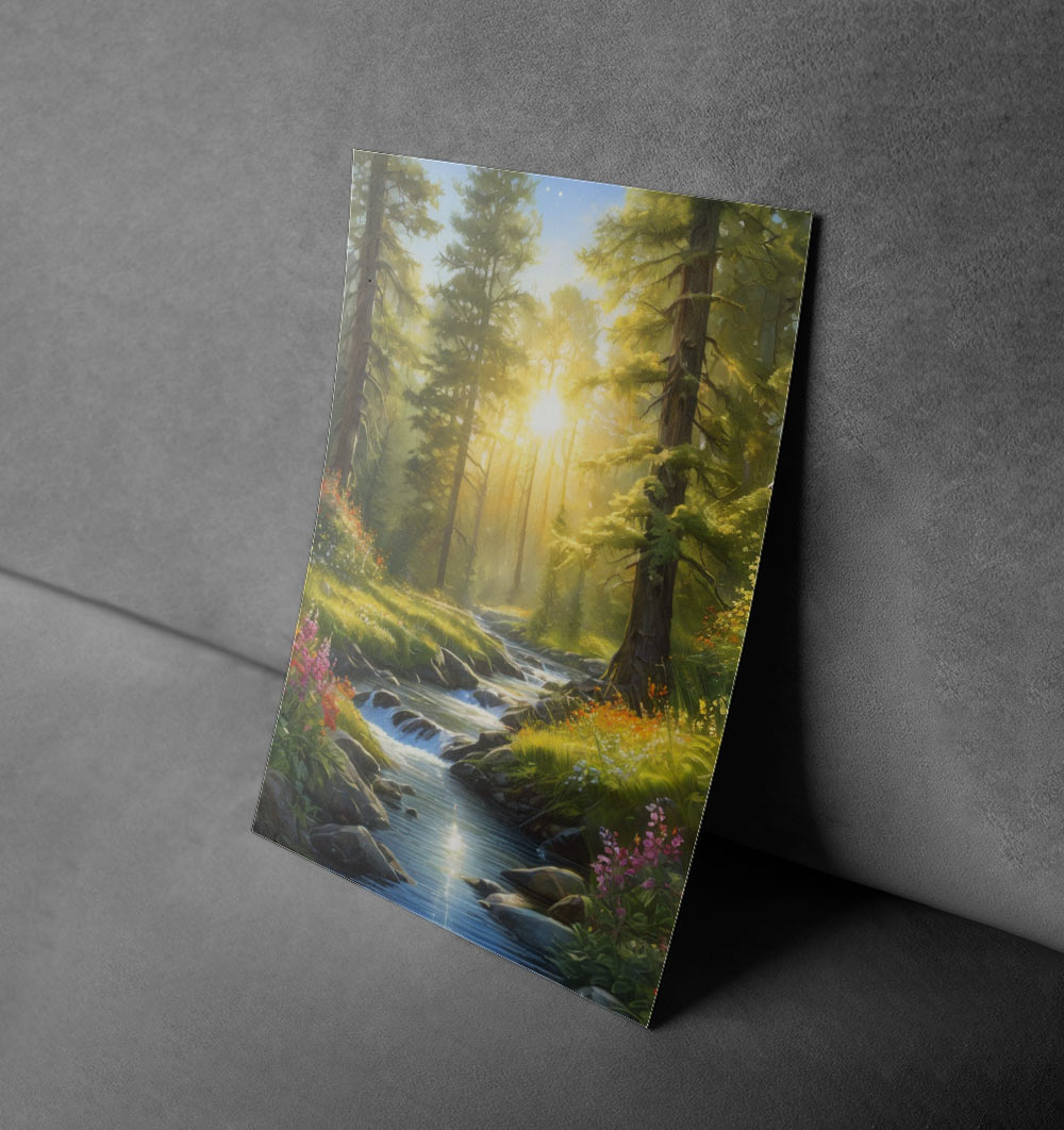 Sunlit Forest Stream – Tranquil Nature Escape Poster