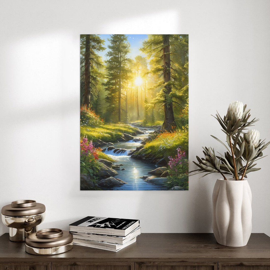 Sunlit Forest Stream – Tranquil Nature Escape Poster