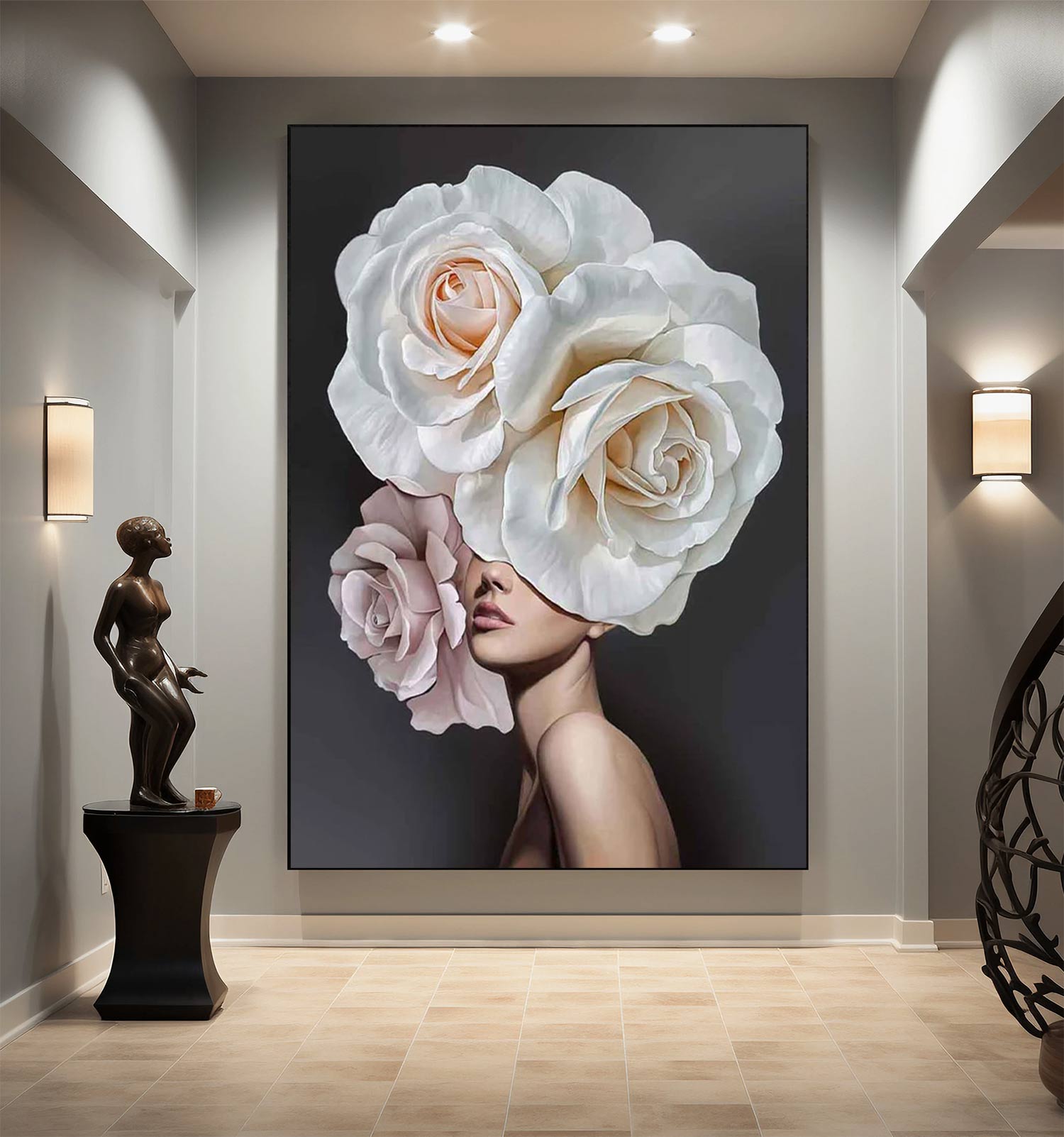 Elegant Rose-Adorned Woman  Floral Oil Painting on Canvas