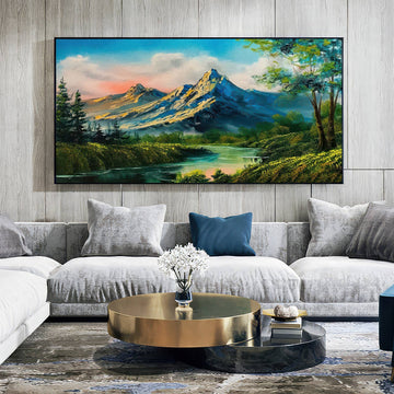 Majestic Mountain Retreat: Tranquil Landscape Oil Painting