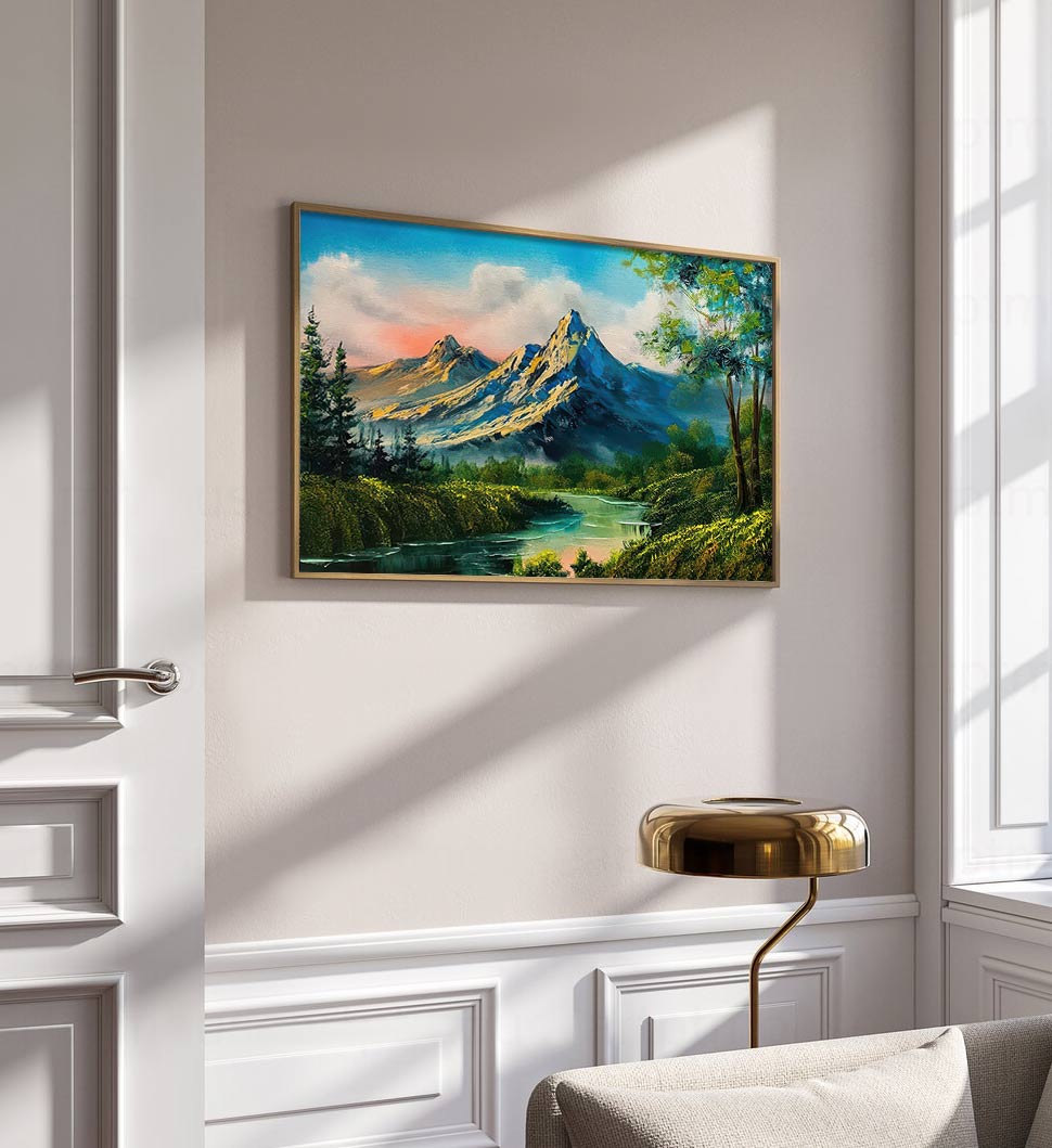 Majestic Mountain Retreat: Tranquil Landscape Oil Painting