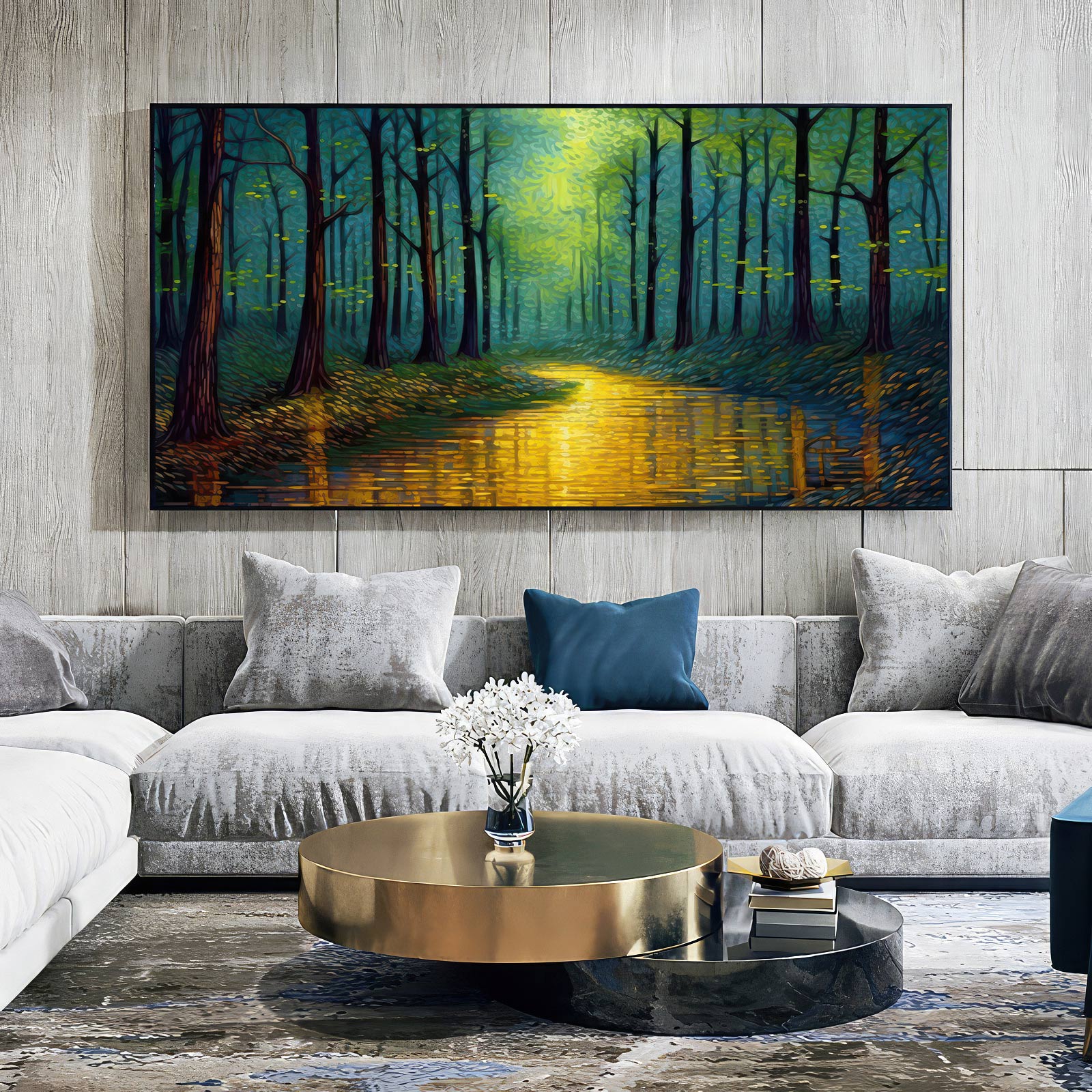 Enchanted Forest Glow: Golden Pathway Landscape Oil Painting