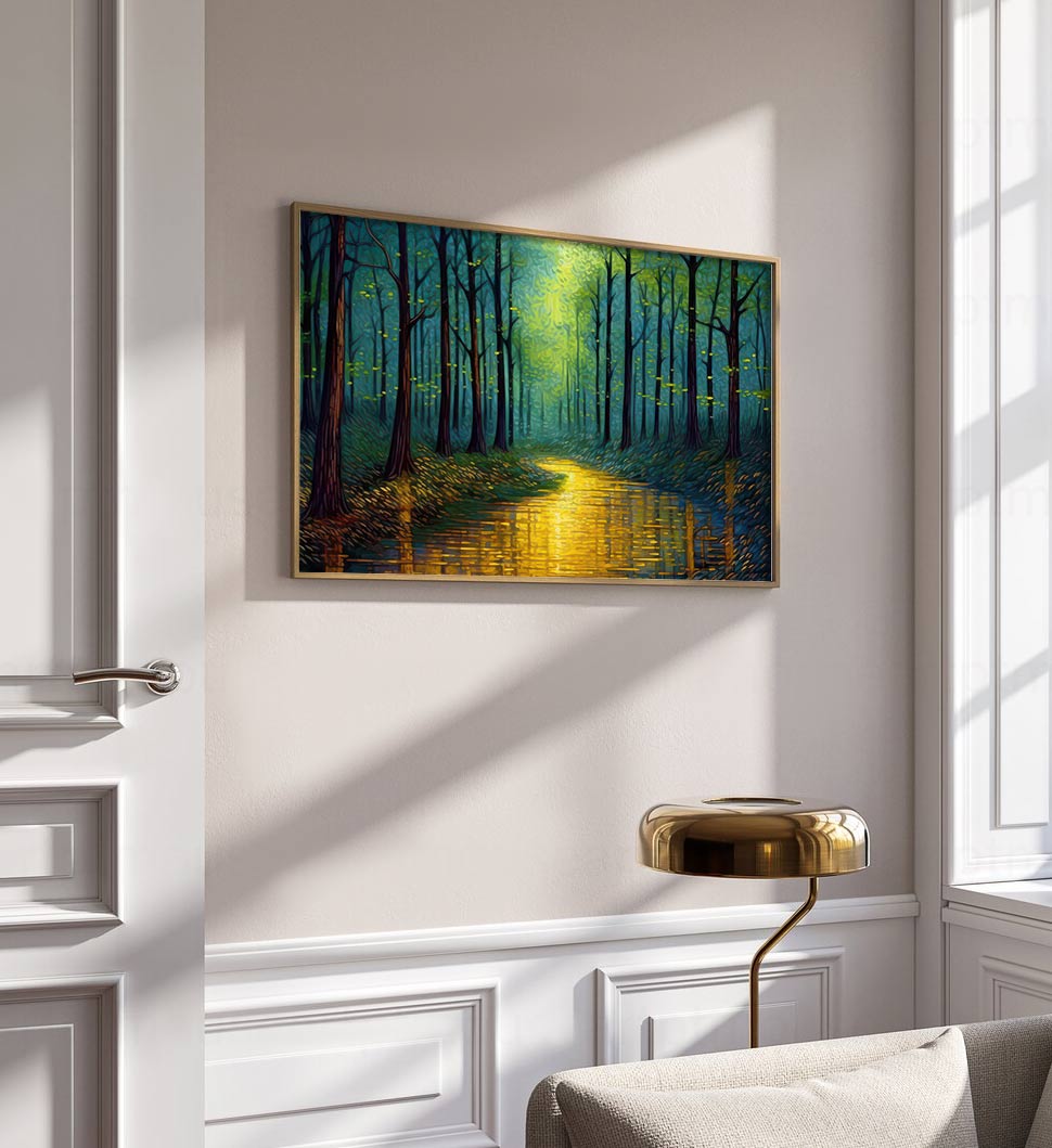 Enchanted Forest Glow: Golden Pathway Landscape Oil Painting