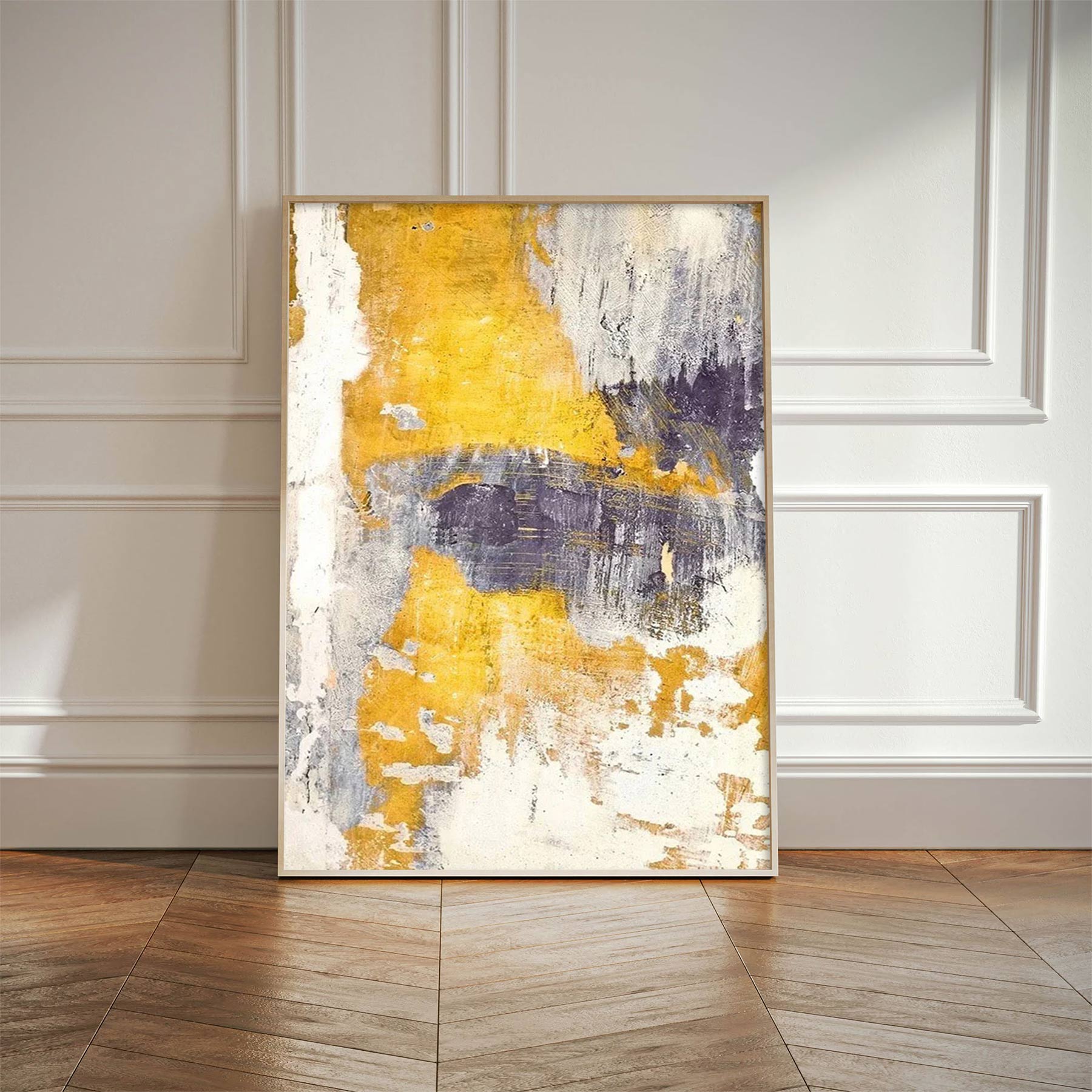 Bold Abstract Yellow and Gray Canvas – Modern Expressionist Art