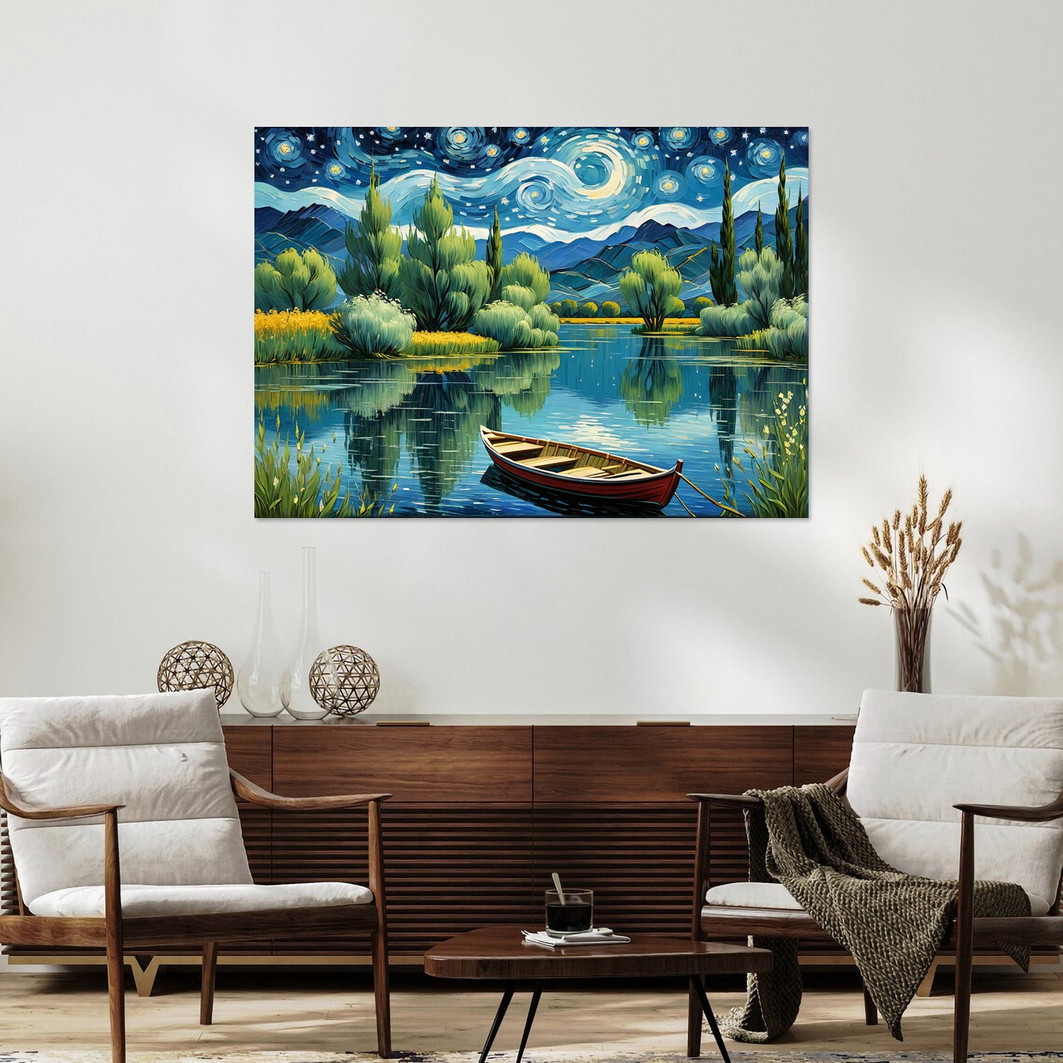 Starry Night Reflections – Tranquil Boat and Lake Poster Canvas for Living Room Decor