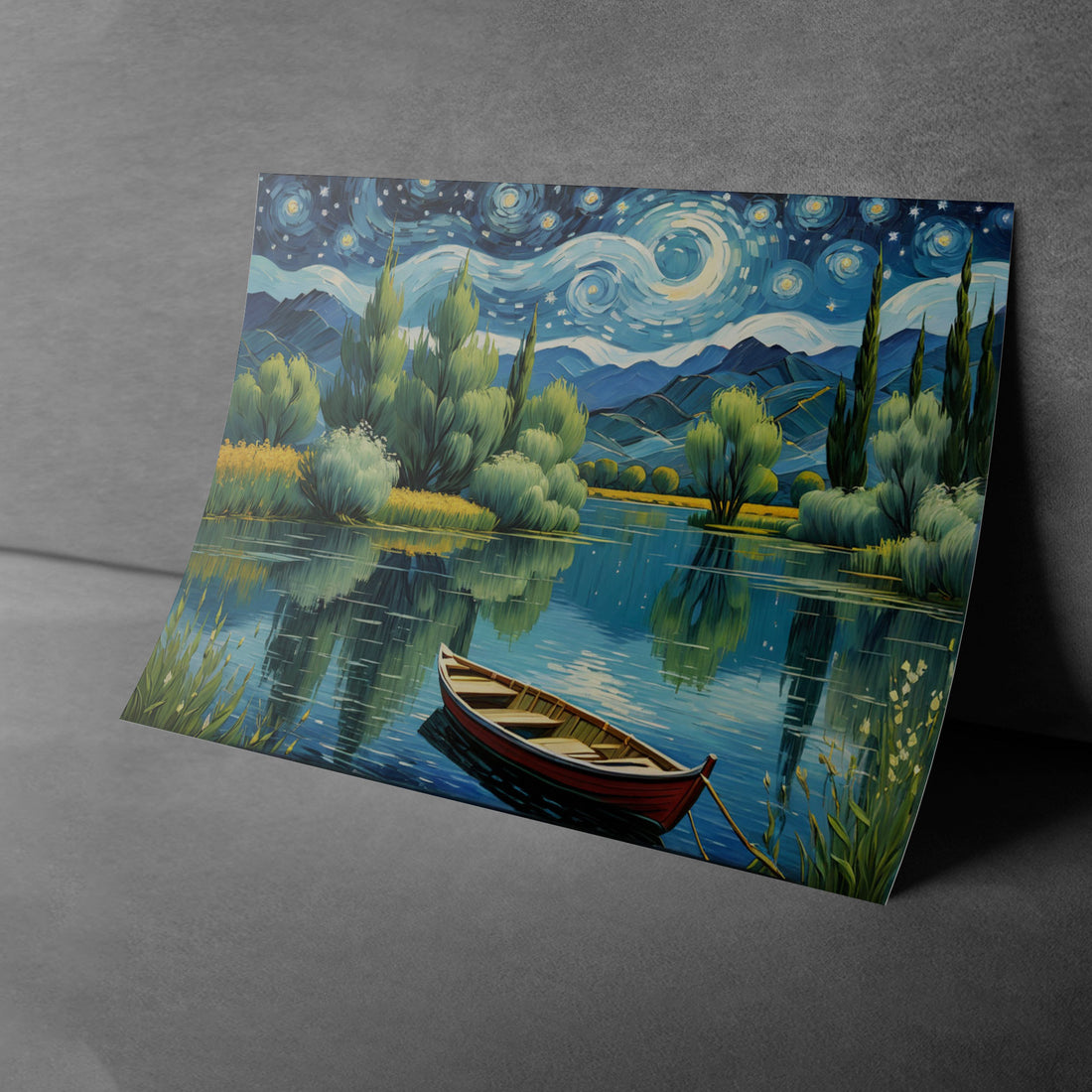 Starry Night Reflections – Tranquil Boat and Lake Poster Canvas for Living Room Decor