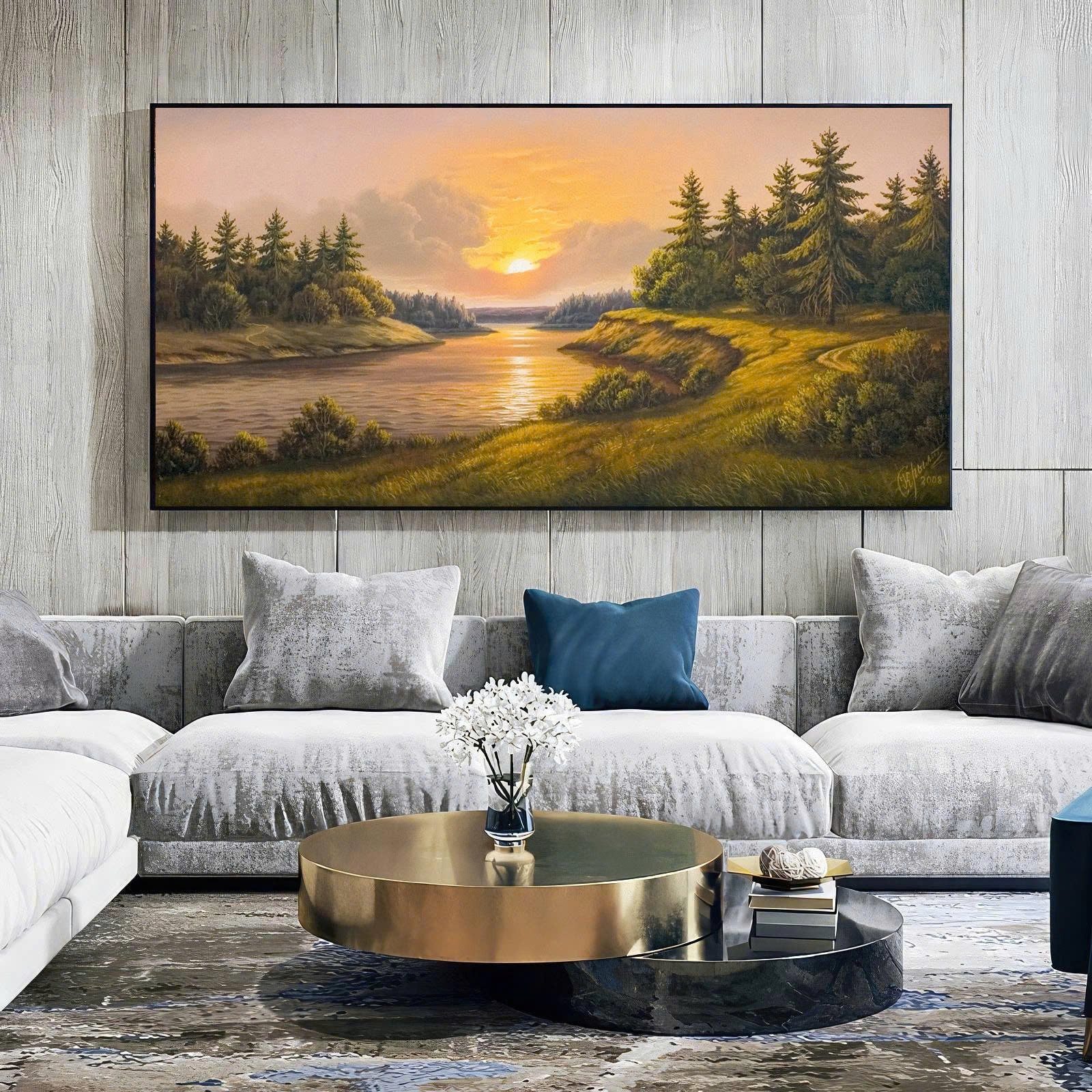 Golden Sunset Over River Valley: Tranquil Landscape Oil Painting